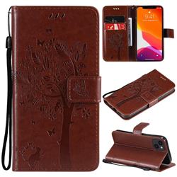 Embossing Butterfly Tree Leather Wallet Case for iPhone 14 (6.1 inch) - Coffee
