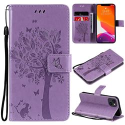 Embossing Butterfly Tree Leather Wallet Case for iPhone 14 (6.1 inch) - Violet