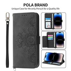 Skin Feel Embossed Lace Flower Multiple Card Slots Leather Wallet Phone Case for iPhone 14 (6.1 inch) - Black