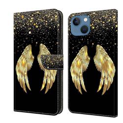 Golden Angel Wings Crystal PU Leather Protective Wallet Case Cover for iPhone 14 (6.1 inch)