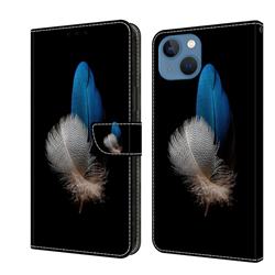 White Blue Feathers Crystal PU Leather Protective Wallet Case Cover for iPhone 14 (6.1 inch)