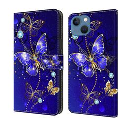 Blue Diamond Butterfly Crystal PU Leather Protective Wallet Case Cover for iPhone 14 (6.1 inch)