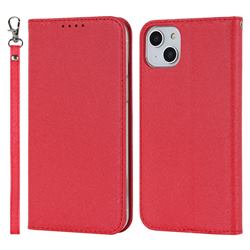 Ultra Slim Magnetic Automatic Suction Silk Lanyard Leather Flip Cover for iPhone 14 Plus (6.7 inch) - Red