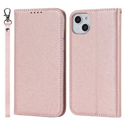 Ultra Slim Magnetic Automatic Suction Silk Lanyard Leather Flip Cover for iPhone 14 Plus (6.7 inch) - Rose Gold