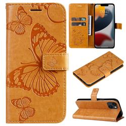 Embossing 3D Butterfly Leather Wallet Case for iPhone 14 Plus (6.7 inch) - Yellow
