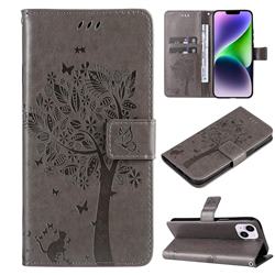 Embossing Butterfly Tree Leather Wallet Case for iPhone 14 Plus (6.7 inch) - Grey