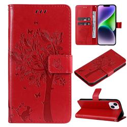 Embossing Butterfly Tree Leather Wallet Case for iPhone 14 Plus (6.7 inch) - Red
