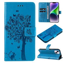 Embossing Butterfly Tree Leather Wallet Case for iPhone 14 Plus (6.7 inch) - Blue