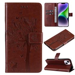 Embossing Butterfly Tree Leather Wallet Case for iPhone 14 Plus (6.7 inch) - Coffee