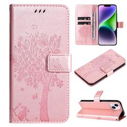 Embossing Butterfly Tree Leather Wallet Case for iPhone 14 Plus (6.7 inch) - Rose Pink