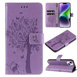 Embossing Butterfly Tree Leather Wallet Case for iPhone 14 Plus (6.7 inch) - Violet
