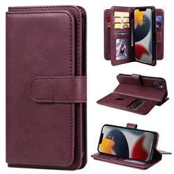 Multi-function Ten Card Slots and Photo Frame PU Leather Wallet Phone Case Cover for iPhone 14 Plus (6.7 inch) - Claret