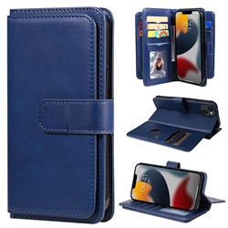 Multi-function Ten Card Slots and Photo Frame PU Leather Wallet Phone Case Cover for iPhone 14 Plus (6.7 inch) - Dark Blue