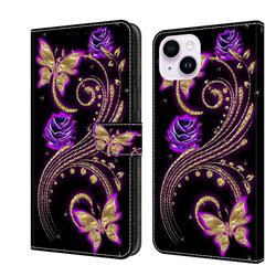 Purple Flower Butterfly Crystal PU Leather Protective Wallet Case Cover for iPhone 14 Plus (6.7 inch)