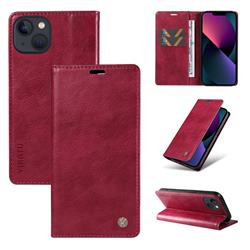 YIKATU Litchi Card Magnetic Automatic Suction Leather Flip Cover for iPhone 14 Plus (6.7 inch) - Wine Red