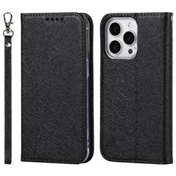 Ultra Slim Magnetic Automatic Suction Silk Lanyard Leather Flip Cover for iPhone 14 Pro (6.1 inch) - Black