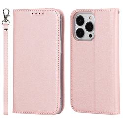 Ultra Slim Magnetic Automatic Suction Silk Lanyard Leather Flip Cover for iPhone 14 Pro (6.1 inch) - Rose Gold