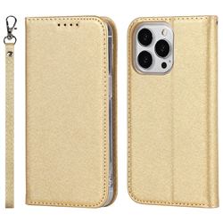 Ultra Slim Magnetic Automatic Suction Silk Lanyard Leather Flip Cover for iPhone 14 Pro (6.1 inch) - Golden