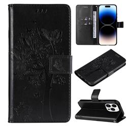 Embossing Butterfly Tree Leather Wallet Case for iPhone 14 Pro (6.1 inch) - Black