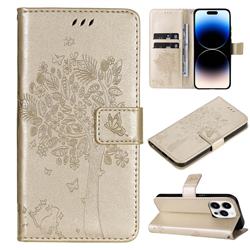 Embossing Butterfly Tree Leather Wallet Case for iPhone 14 Pro (6.1 inch) - Champagne