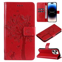 Embossing Butterfly Tree Leather Wallet Case for iPhone 14 Pro (6.1 inch) - Red