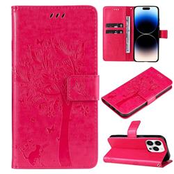 Embossing Butterfly Tree Leather Wallet Case for iPhone 14 Pro (6.1 inch) - Rose