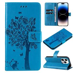 Embossing Butterfly Tree Leather Wallet Case for iPhone 14 Pro (6.1 inch) - Blue
