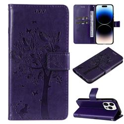 Embossing Butterfly Tree Leather Wallet Case for iPhone 14 Pro (6.1 inch) - Purple