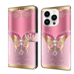 Pink Diamond Butterfly Crystal PU Leather Protective Wallet Case Cover for iPhone 14 Pro (6.1 inch)