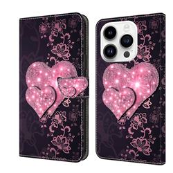 Lace Heart Crystal PU Leather Protective Wallet Case Cover for iPhone 14 Pro (6.1 inch)