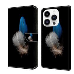 White Blue Feathers Crystal PU Leather Protective Wallet Case Cover for iPhone 14 Pro (6.1 inch)