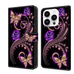 Purple Flower Butterfly Crystal PU Leather Protective Wallet Case Cover for iPhone 14 Pro (6.1 inch)