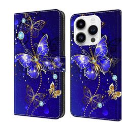 Blue Diamond Butterfly Crystal PU Leather Protective Wallet Case Cover for iPhone 14 Pro (6.1 inch)