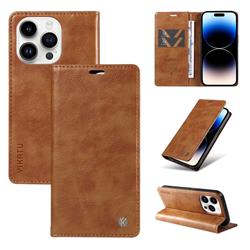 YIKATU Litchi Card Magnetic Automatic Suction Leather Flip Cover for iPhone 14 Pro (6.1 inch) - Brown