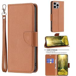 Classic Luxury Litchi Leather Phone Wallet Case for iPhone 14 Pro Max (6.7 inch) - Brown