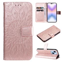 Embossing Sunflower Leather Wallet Case for iPhone 14 Pro Max (6.7 inch) - Rose Gold