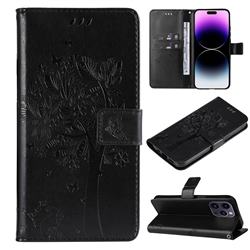 Embossing Butterfly Tree Leather Wallet Case for iPhone 14 Pro Max (6.7 inch) - Black