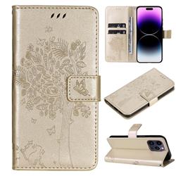 Embossing Butterfly Tree Leather Wallet Case for iPhone 14 Pro Max (6.7 inch) - Champagne