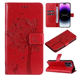 Embossing Butterfly Tree Leather Wallet Case for iPhone 14 Pro Max (6.7 inch) - Red