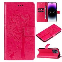 Embossing Butterfly Tree Leather Wallet Case for iPhone 14 Pro Max (6.7 inch) - Rose