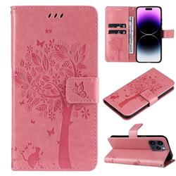 Embossing Butterfly Tree Leather Wallet Case for iPhone 14 Pro Max (6.7 inch) - Pink