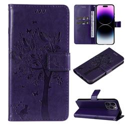 Embossing Butterfly Tree Leather Wallet Case for iPhone 14 Pro Max (6.7 inch) - Purple