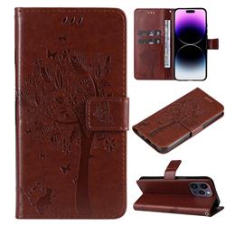 Embossing Butterfly Tree Leather Wallet Case for iPhone 14 Pro Max (6.7 inch) - Coffee
