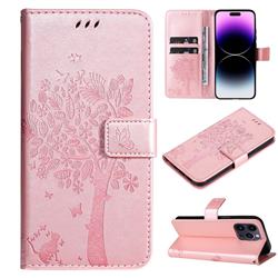 Embossing Butterfly Tree Leather Wallet Case for iPhone 14 Pro Max (6.7 inch) - Rose Pink