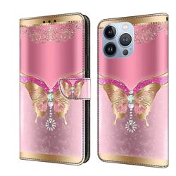 Pink Diamond Butterfly Crystal PU Leather Protective Wallet Case Cover for iPhone 14 Pro Max (6.7 inch)