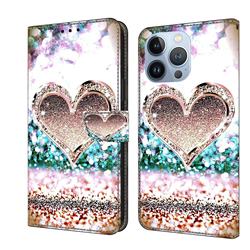 Pink Diamond Heart Crystal PU Leather Protective Wallet Case Cover for iPhone 14 Pro Max (6.7 inch)