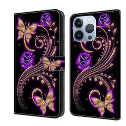 Purple Flower Butterfly Crystal PU Leather Protective Wallet Case Cover for iPhone 14 Pro Max (6.7 inch)