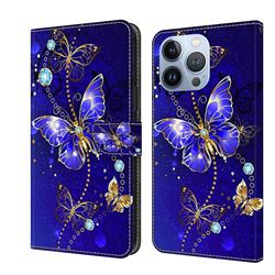 Blue Diamond Butterfly Crystal PU Leather Protective Wallet Case Cover for iPhone 14 Pro Max (6.7 inch)