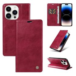YIKATU Litchi Card Magnetic Automatic Suction Leather Flip Cover for iPhone 14 Pro Max (6.7 inch) - Wine Red