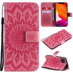 Embossing Sunflower Leather Wallet Case for iPhone 15 (6.1 inch) - Pink